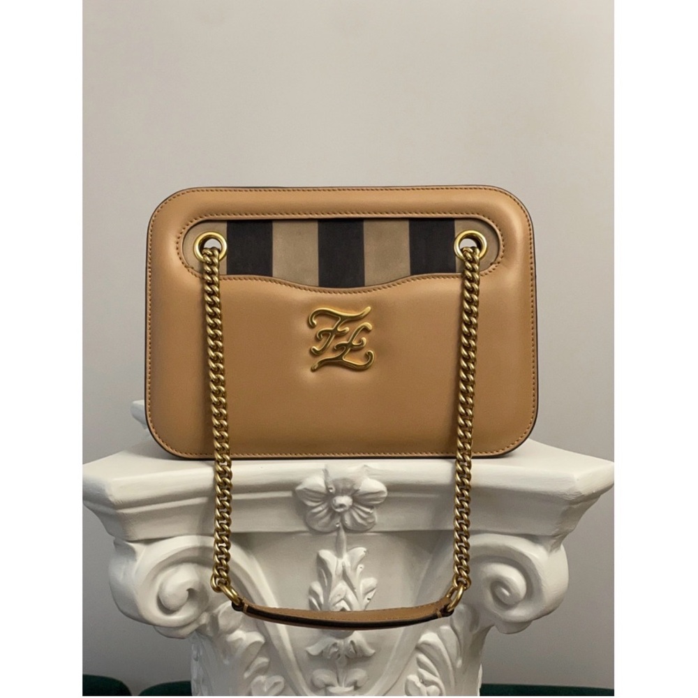 Fendi Tan and Brown Striped Shoulder Bag with Gold Chain